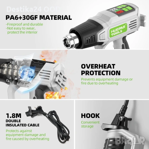 Професионален пистолет за горещ въздух 2000W 50-600°C с дюзи комплект, снимка 3 - Други инструменти - 53378108