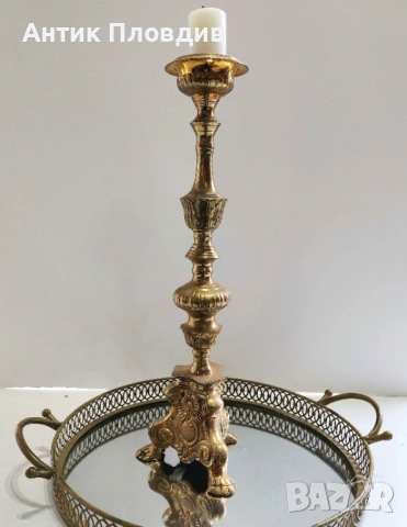 Висок месингов свещник с декоративна основа, снимка 4 - Декорация за дома - 16600536