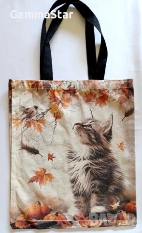Платнена чанта с дълги дръжки с котка 2