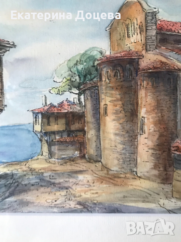 Акварел от Несебър  на неизвестен художник, снимка 3 - Картини - 36534828