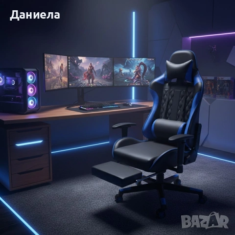 Геймърски стол за релакс с масаж и подложка за крака – син, снимка 2 - Столове - 53237741