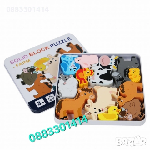 Дървен пъзел Животни 3D пъзел в метална кутия 