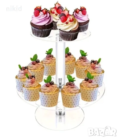 24 дупки кръгла двуетаж прозрачна Пластмасова Акрилна стойка поставка стелаж фунийки сладолед мъфини, снимка 3 - Други - 49121073