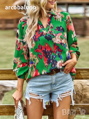 Дамска блуза с флорален принт и V-образно деколте, 4цвята - 023, снимка 6 - Блузи с дълъг ръкав и пуловери - 42038517