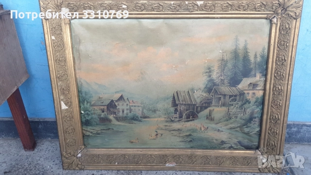 Стара картина изглед от алпийски село., снимка 1