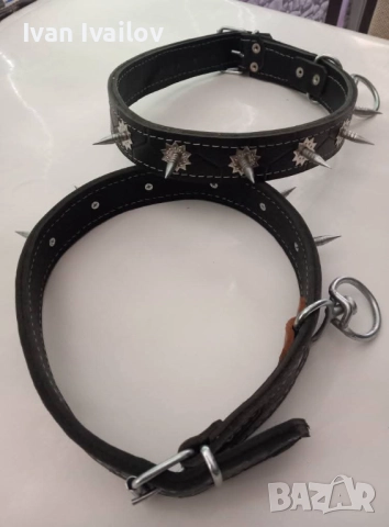 Ест. кожа каишка със шипове за голямо куче 