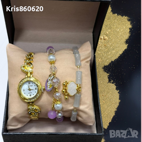 Елегантен дамски комплект аксесоари - часовник с камъни цирконии и 2 броя гривни с естествени камъни, снимка 2 - Дамски - 44535989