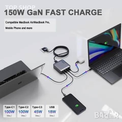 Ново Мощно 150W USB-C Зарядно за лаптоп MacBook HP Lenovo, снимка 4 - Друга електроника - 49657606