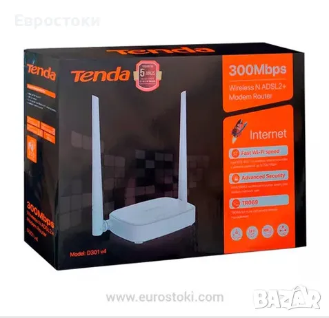 Рутер Tenda D301 V4 300mbps ADSL2+, Wi-Fi модемен рутер с 4-портов суич, 802.11g, цвят: бяло