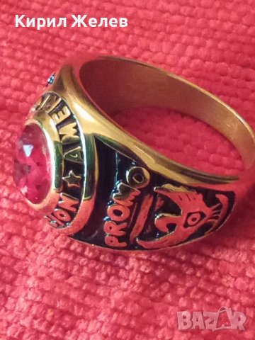 АМЕРИКАНСКИ КОЛЕЖАНСКИ РЯДЪК ПОЗЛАТЕН ПРЪСТЕН от БЛАГОРОДНА СТОМАНА с ФАСЕТИРАН РУБИН 17127, снимка 2 - Пръстени - 33050249