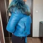 Късо синьо яке естествена кожа с яка естествен косъм, снимка 3