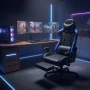 Геймърски стол за релакс с масаж и подложка за крака – син, снимка 2