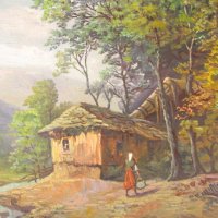 Стара картина ,Виктор Попов селски пейзаж,маслени бои,картонбои, снимка 2 - Картини - 35502034