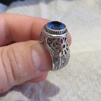 стар мъжки сребърен пръстен, стар голям османски величествен пръстен с филигран син камък, турски, снимка 3 - Пръстени - 29453542
