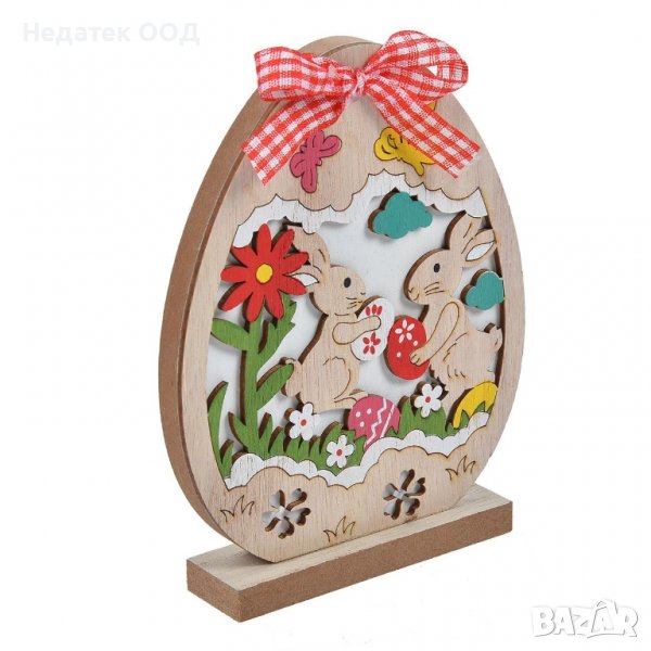 Великденска декорация, Яйце с със зайчета и карирана панделка, Дървена, 14x5x30 см, снимка 1