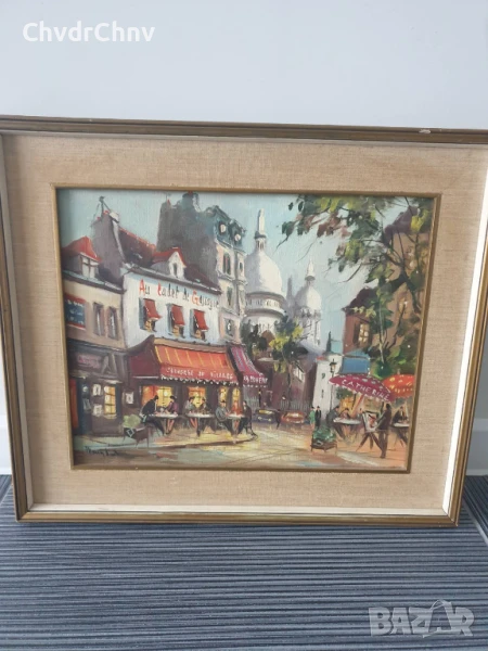 54х46см/малка стара картина масло върху платно/градски пейзаж/френско кафене/дървена рамка, снимка 1