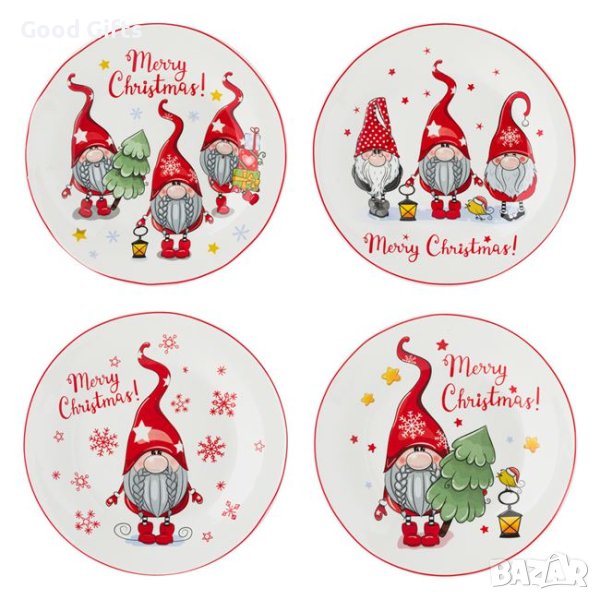 4 броя Комплект коледни чинии, Порцеланови, Коледни гномчета, 19см, снимка 1