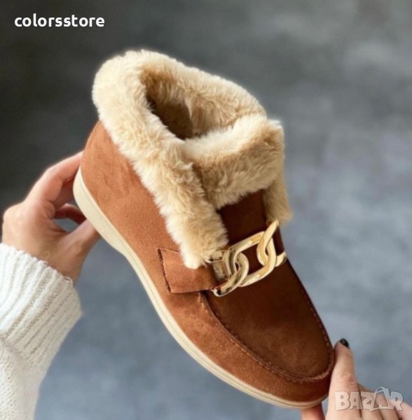 Равни боти - кафяв велур с бежов ЕСТЕСТВЕН пух - TJ20, снимка 1