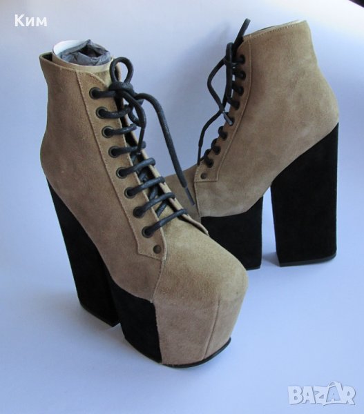 Jeffrey Campbell боти на ултра висока платформа велур бежово и черно, снимка 1