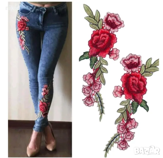 Роза Рози божур с листа голяма апликация за дреха дрехи самозалепваща се нашивка бродерия, снимка 1