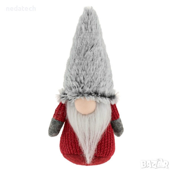 Гном със сива пухкава шапка, 31 cm, червен, снимка 1