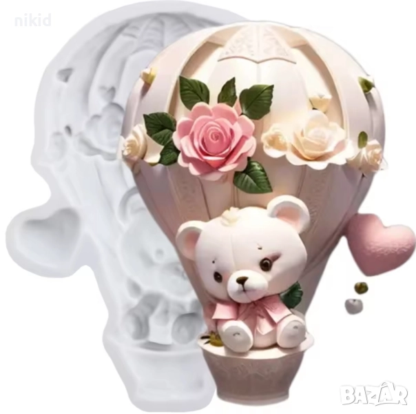 Мече на въздушен балон с цветя силиконов молд форма фондан шоколад гипс, снимка 1
