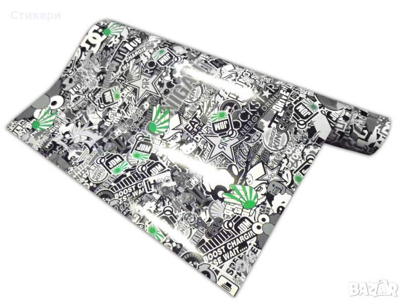 Стикер BOMB 150х50см JDM руло Чернобял + ЗЕЛЕНО , снимка 1