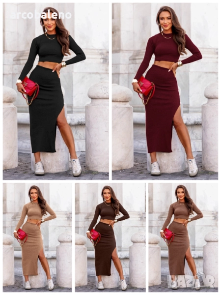 Дамски комплект от две части от оребрен топ и пола с цепка Edvige, 5цвята , снимка 1