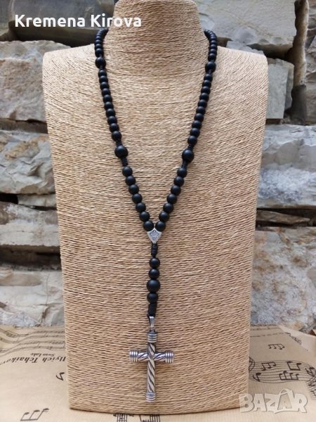 Мъжки колиета с естествен оникс и кръст от стомана. Отличен подарък., снимка 1