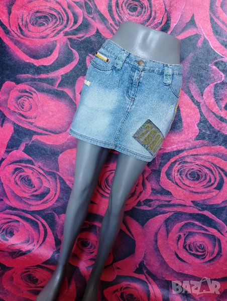 Светло синя къса дънкова пола с жълти кантове М, снимка 1