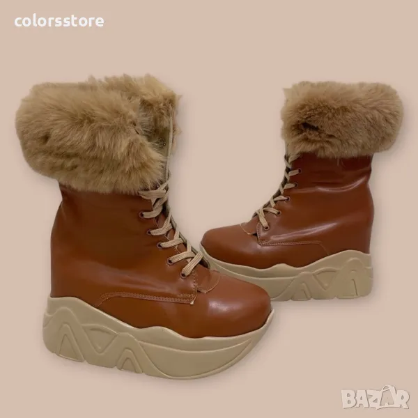 Боти на платформа - кафява кожа с бежов пух - BPH1, снимка 1