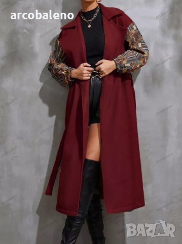 Дамско палто с дълга яка, пачуърк ръкави и връзка на талията отпред, 2цвята , снимка 3 - Палта, манта - 38987028