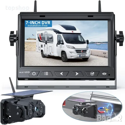 НОВА Безжична соларна камера за задно виждане VASTEND VS-7A (7" HD монитор, 10000mAh, IP69) 