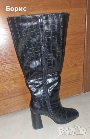 Елегантни черни кроко кожени ботуши, снимка 5 - Дамски ботуши - 54044000