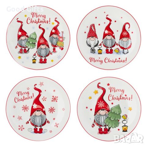 4 броя Комплект коледни чинии, Порцеланови, Коледни гномчета, 19см