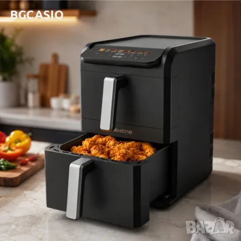 NexOne TwinFryer 11L – Двукамерен фритюрник с горещ въздух 2800W, две независими кошници, 8 програми