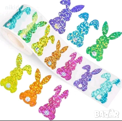 100 бр Холограмни зайчета заек големи самозалепващи лепенки стикери за ръчна изработка за подарък, снимка 2 - Други - 51288448