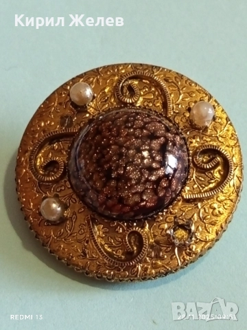 Винтидж брошка с централен СЛЪНЧЕВ камък АВАНТЮРИН и перлени акценти 26093, снимка 6 - Други - 52569958