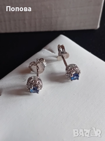 Златни обеци с естествени сапфири и диаманти /бяло злато/, снимка 3 - Обеци - 52791722