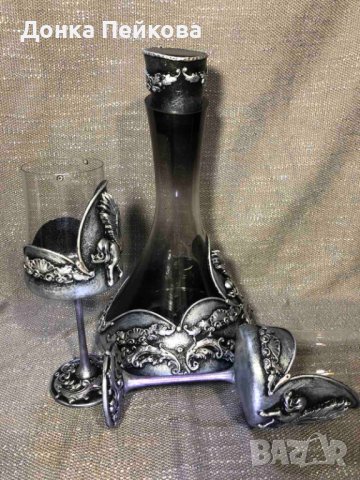РЪЧНО ИЗРАБОТЕН СЕТ ОТ 3 ЧАСТИ ДЕКАНТЕР И  2 ЧАШИ, снимка 4 - Декорация за дома - 36221262