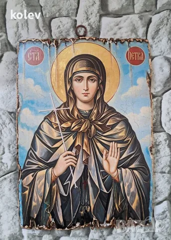 Икона на света Петка в старинен стил, художествен декупаж върху дърво 25/18 см