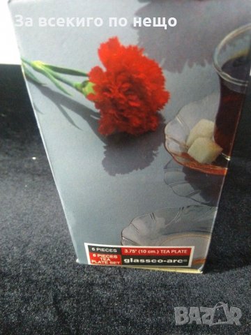 Комплект от 6 стъклени, чаени чинийки в кутия, снимка 6 - Чинии - 30882215