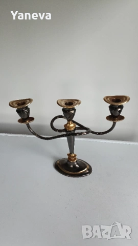 Vintage , метален, немски свещник (канделабър) с три рамена ,  в комбинация от черен и златист цвят, снимка 3 - Декорация за дома - 53904902