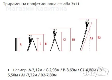 Трираменна алуминиева стълба 3х7 3х9 3х11 стъпала Арон България, снимка 4 - Други машини и части - 49857550