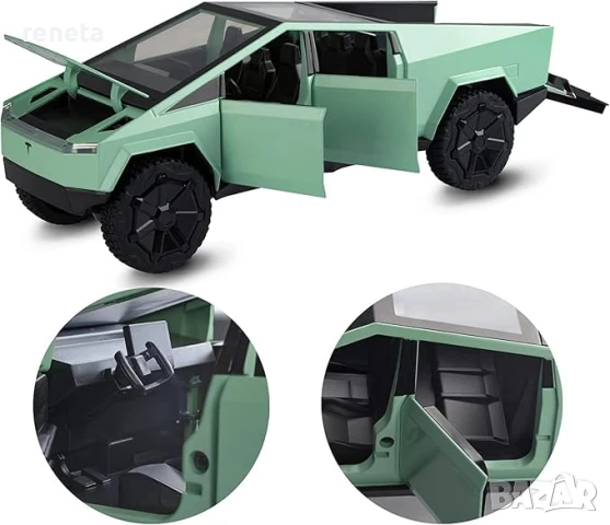 Кола с каравана, Тип Tesla Cybertruck, Метална, 1:24 мащаб, Звук и светлина, Зелена, Без кутия, снимка 2 - Коли, камиони, мотори, писти - 51195514