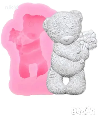 Хубаво мече me2u с букет силиконов молд форма декорация торта фондан шоколад и др., снимка 2 - Форми - 25303862