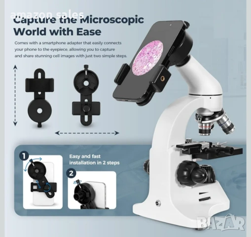 Микроскоп ESAKO 40-2000X, LED светлина,метален корпус,адаптер за телефон и слайдове нов, снимка 3 - Друга електроника - 54088886