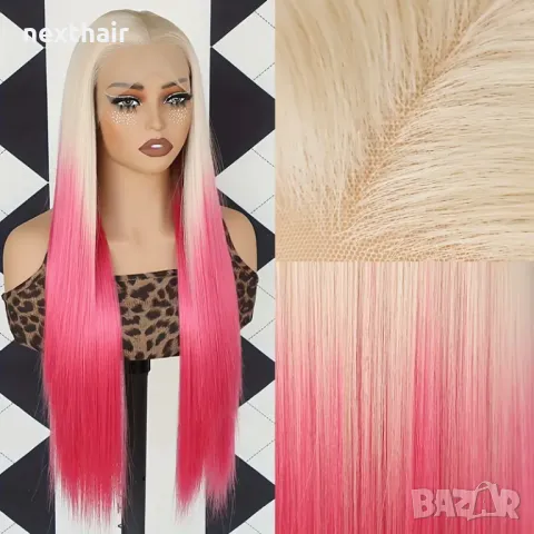 Лейс фонт права руса перука два цвята с розови краища , снимка 4 - Аксесоари за коса - 48222743