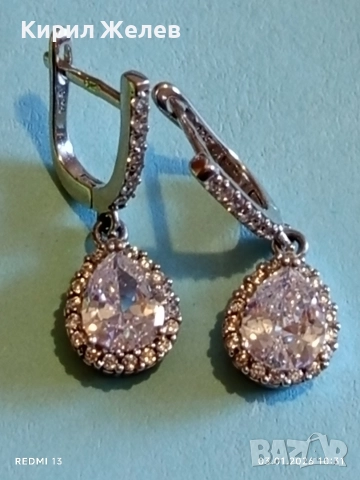 Висящи сребърни обеци с ювелирно фасетиран Диамант нежно елегантно бижу 26124, снимка 5 - Обеци - 52961187