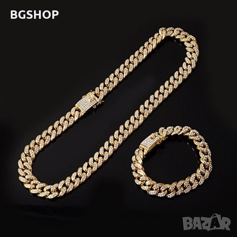 Bling Bling Хип-хоп ланец и гривна - Комплект - 3 модела, снимка 2 - Бижутерийни комплекти - 30410022